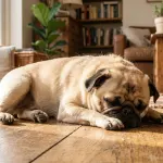Fawn Pug sitting on a living room rug showing short coat texture.