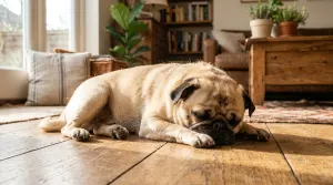 Fawn Pug sitting on a living room rug showing short coat texture.