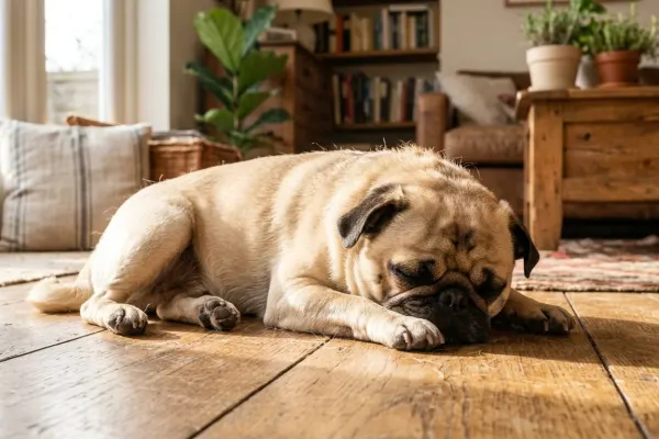 Fawn Pug sitting on a living room rug showing short coat texture.