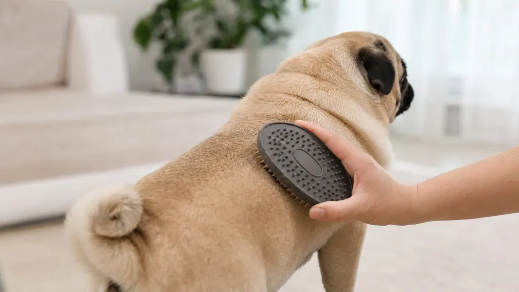 Grooming a fawn Pug with a rubber brush to remove loose fur.