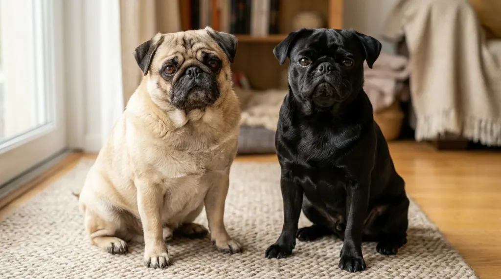 Black Pug dog resting on a wooden floor displaying coat texture.