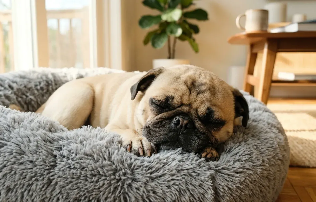 A fawn Pug dog sleeping comfortably on a dog bed in a sunlit living room