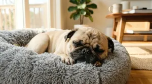 A fawn Pug dog sleeping comfortably on a dog bed in a sunlit living room