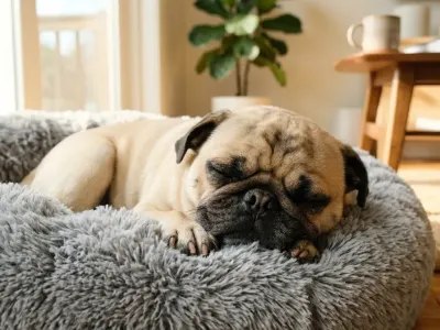 A fawn Pug dog sleeping comfortably on a dog bed in a sunlit living room