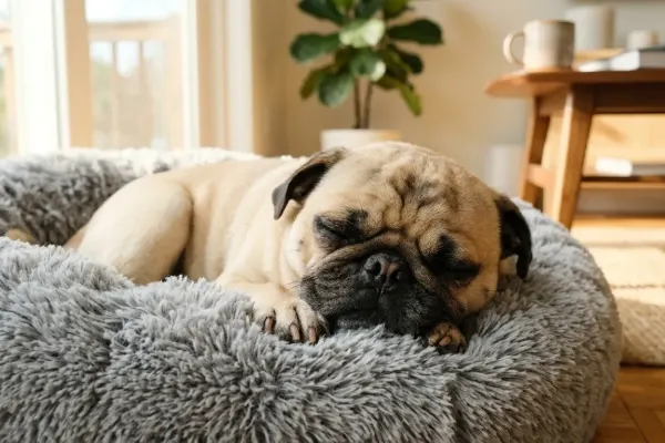 A fawn Pug dog sleeping comfortably on a dog bed in a sunlit living room