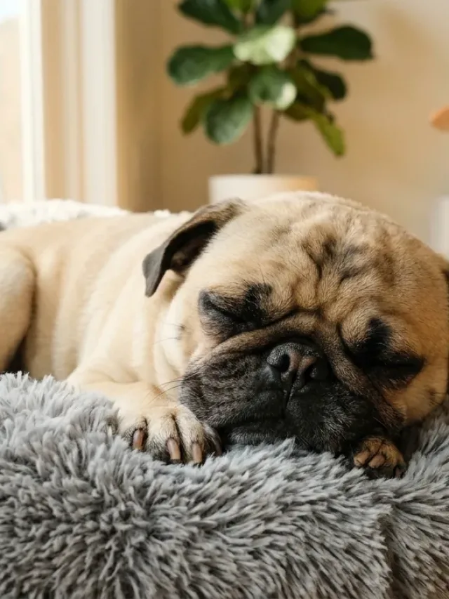 A fawn Pug dog sleeping comfortably on a dog bed in a sunlit living room