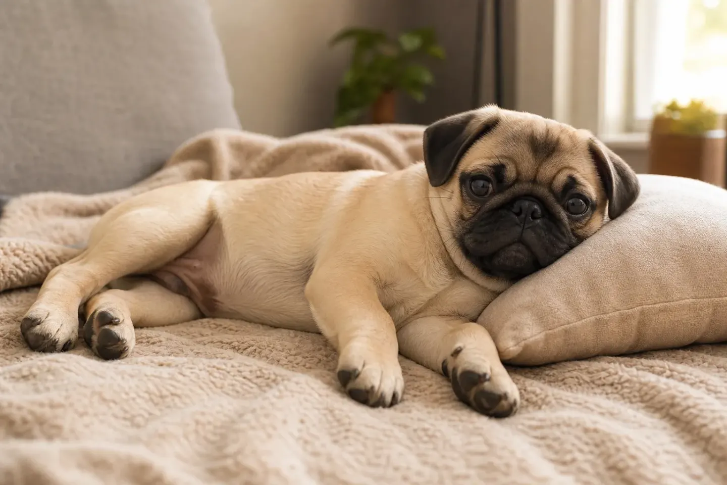 A fawn Pug sleeping on its side with its head elevated on a pillow