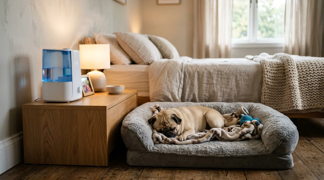 A cool-mist humidifier on a table beside a pet bed to help quiet dog snoring