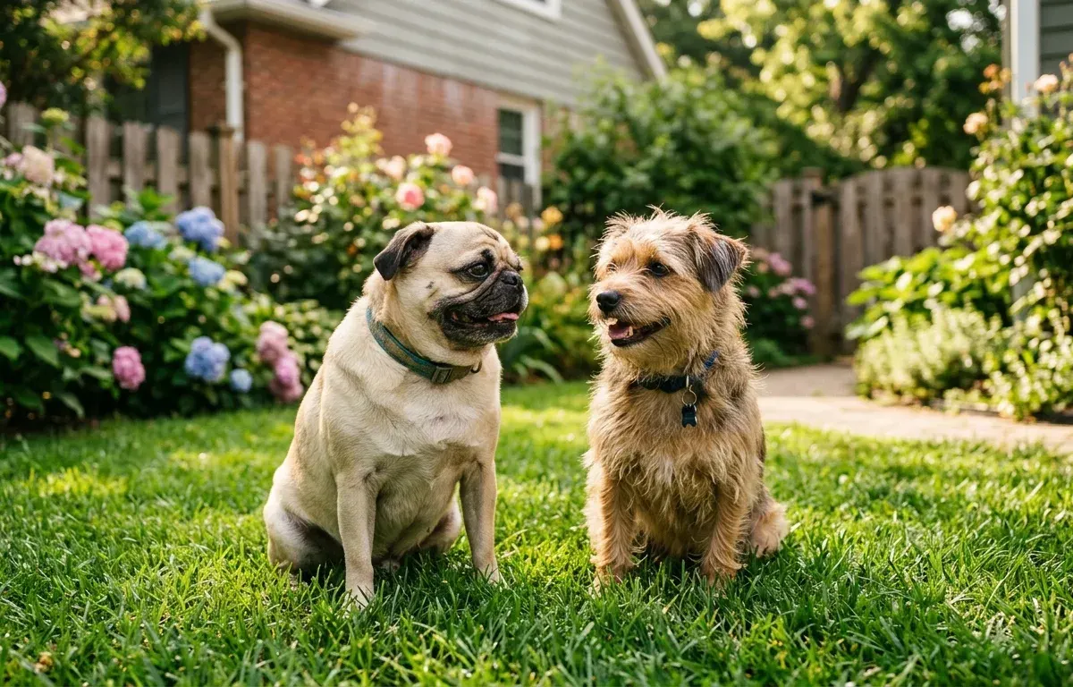 A fawn Pug sitting happily next to a friendly small dog on a sunny green lawn outdoors.