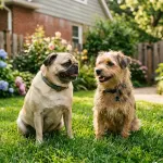 A fawn Pug sitting happily next to a friendly small dog on a sunny green lawn outdoors.