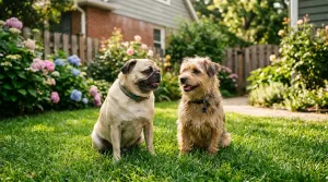 A fawn Pug sitting happily next to a friendly small dog on a sunny green lawn outdoors.