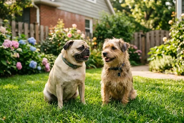 A fawn Pug sitting happily next to a friendly small dog on a sunny green lawn outdoors.