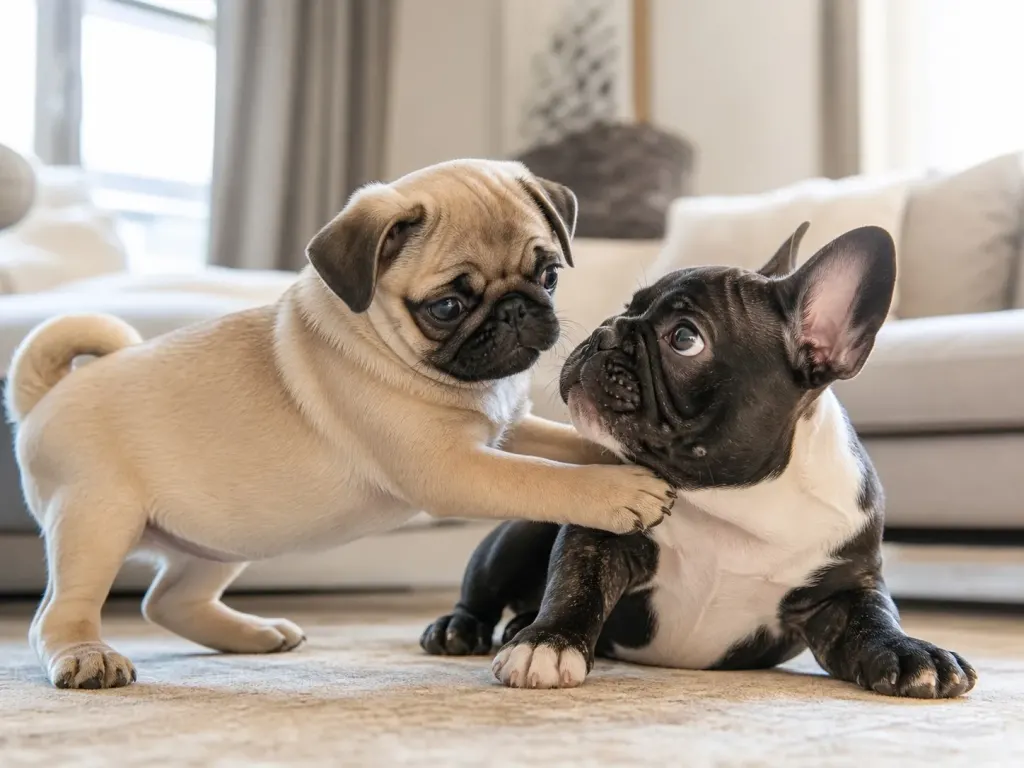 A fawn Pug playing gently with a French Bulldog indoors on a carpet.