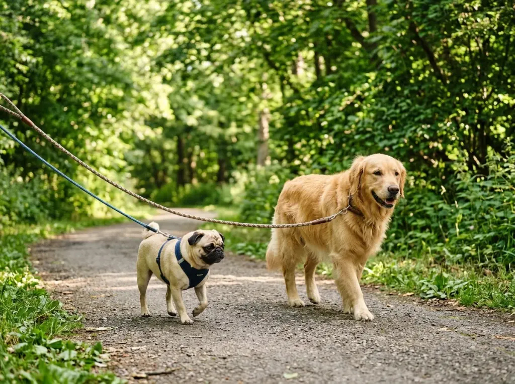 A fawn Pug walking calmly on a park path beside a larger golden retriever dog.