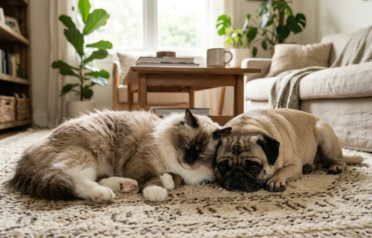 A Ragdoll cat and a Pug dog resting peacefully together on a living room rug.