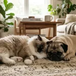 A Ragdoll cat and a Pug dog resting peacefully together on a living room rug.