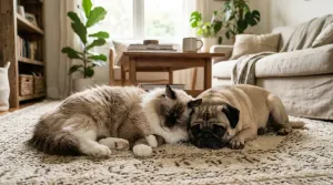 A Ragdoll cat and a Pug dog resting peacefully together on a living room rug.