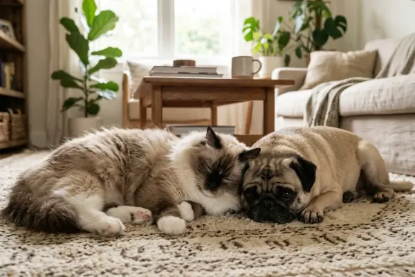 A Ragdoll cat and a Pug dog resting peacefully together on a living room rug.