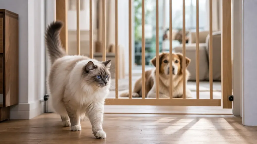 A Ragdoll cat observing a dog from behind a protective baby gate during initial pet introductions.