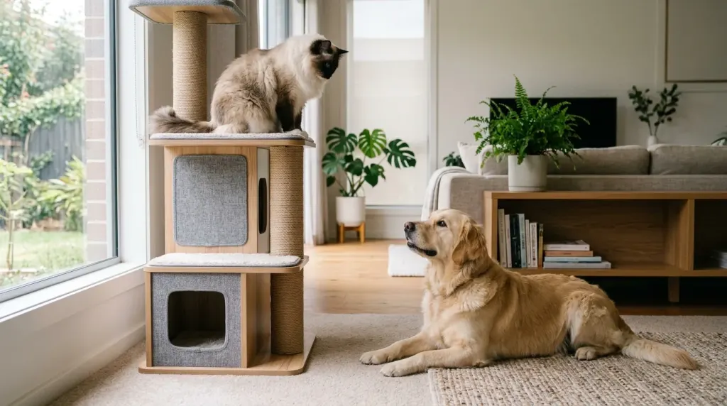 A Ragdoll cat relaxing on a cat tree while a dog sits calmly below.