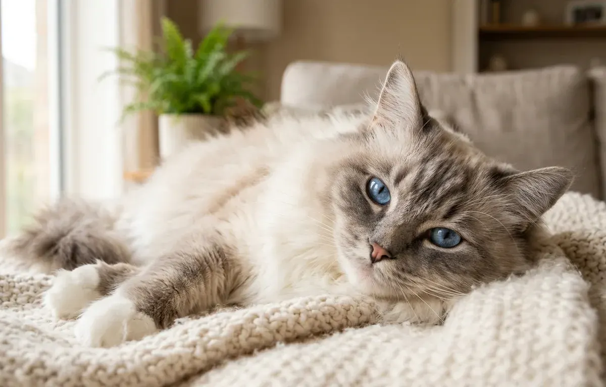 Fluffy Ragdoll cat resting peacefully on a blanket indoors