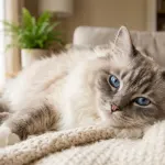 Fluffy Ragdoll cat resting peacefully on a blanket indoors