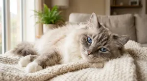 Fluffy Ragdoll cat resting peacefully on a blanket indoors