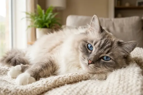 Fluffy Ragdoll cat resting peacefully on a blanket indoors