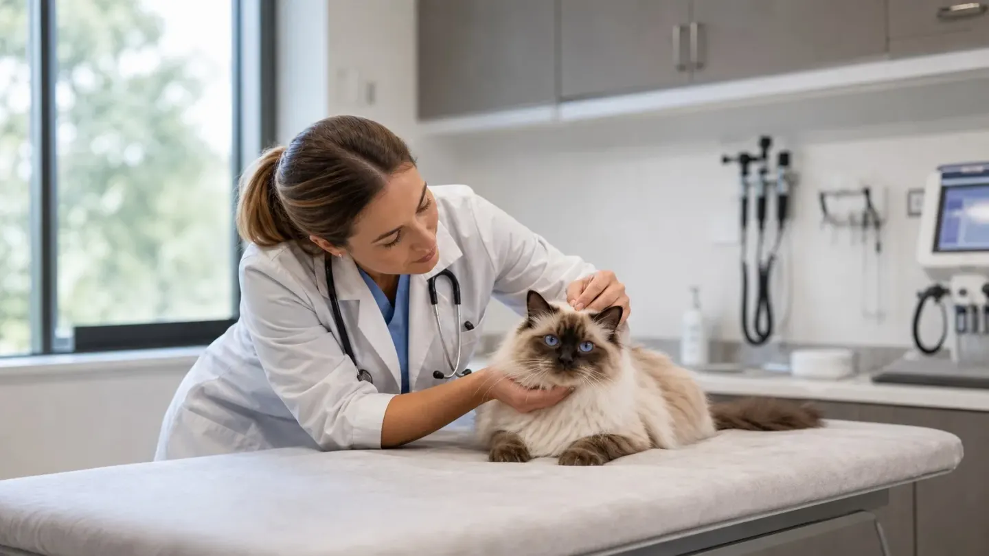 Veterinarian performing a routine health examination on a Ragdoll cat