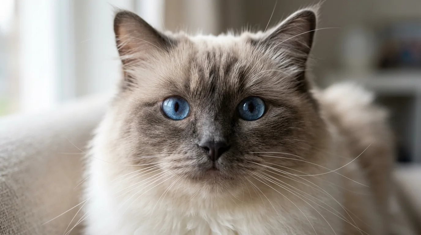 Ragdoll cat face with characteristic blue eyes and subtle crossed eye alignment