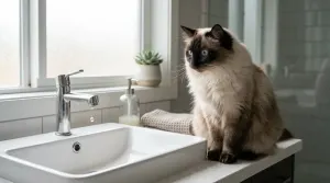 A fluffy seal point Ragdoll cat watching a dripping water faucet in a modern bathroom sink.