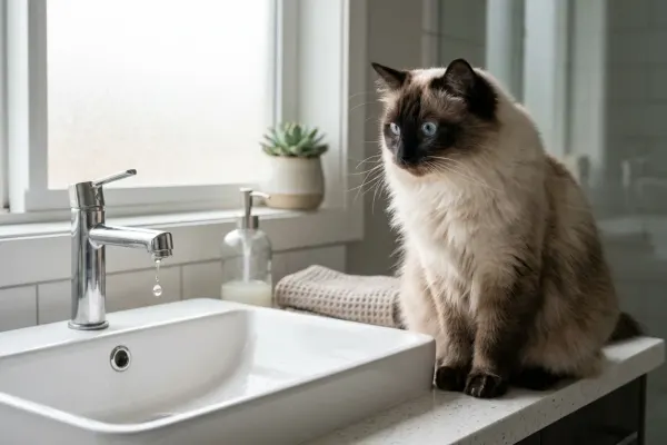A fluffy seal point Ragdoll cat watching a dripping water faucet in a modern bathroom sink.