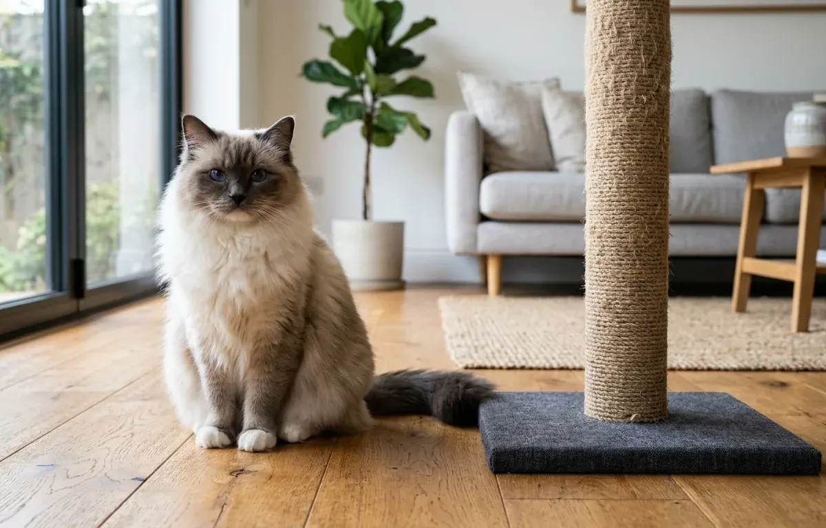Fluffy seal point Ragdoll cat sitting next to a sisal scratching post in a living room