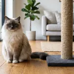Fluffy seal point Ragdoll cat sitting next to a sisal scratching post in a living room