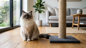 Fluffy seal point Ragdoll cat sitting next to a sisal scratching post in a living room