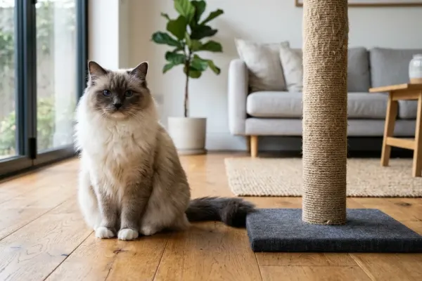 Fluffy seal point Ragdoll cat sitting next to a sisal scratching post in a living room