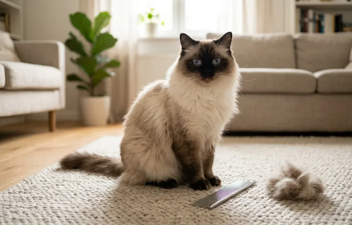 A fluffy seal point Ragdoll cat sitting beside a steel comb and loose shed fur
