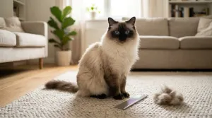 A fluffy seal point Ragdoll cat sitting beside a steel comb and loose shed fur
