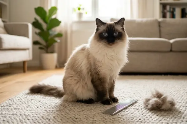 A fluffy seal point Ragdoll cat sitting beside a steel comb and loose shed fur
