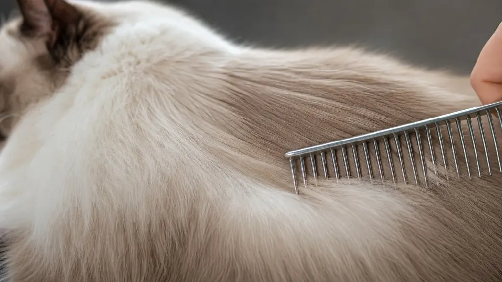 Detailed view of a Ragdoll cat single coat being combed with a metal comb