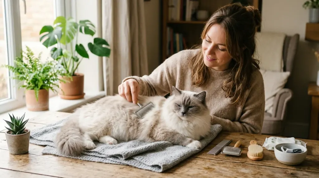 Pet owner grooming a Ragdoll cat with a steel comb during routine coat care