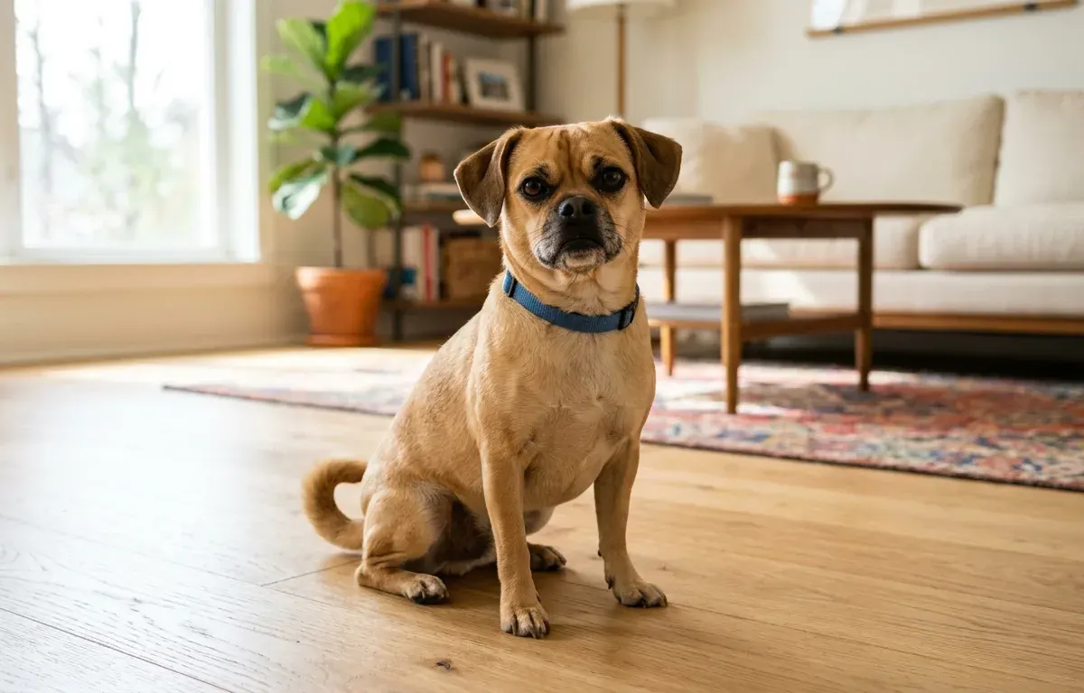 A full grown Pug Chihuahua mix dog sitting comfortably indoors