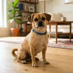 A full grown Pug Chihuahua mix dog sitting comfortably indoors