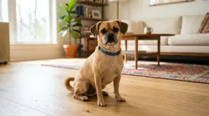A full grown Pug Chihuahua mix dog sitting comfortably indoors