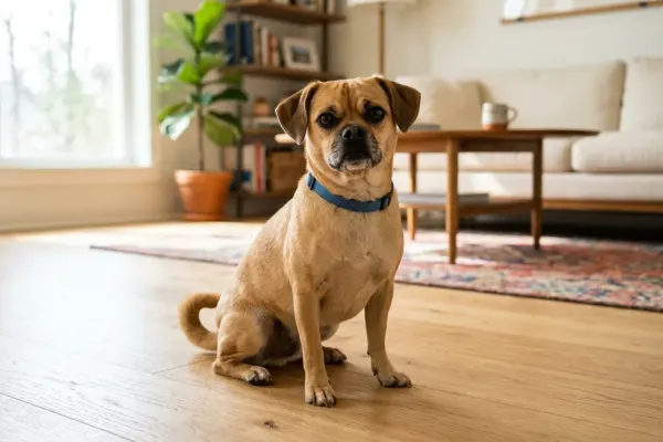 A full grown Pug Chihuahua mix dog sitting comfortably indoors