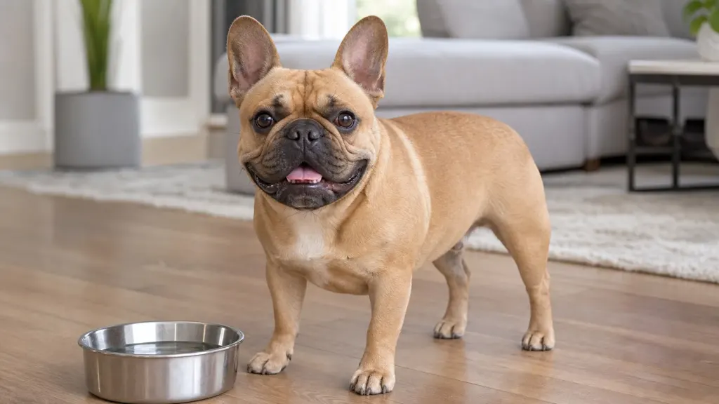 A French Bulldog standing next to a water bowl with mild saliva visible around its lower lip.