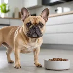A French Bulldog standing on the kitchen floor beside a bowl of dry kibble.
