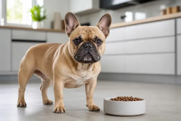 A French Bulldog standing on the kitchen floor beside a bowl of dry kibble.