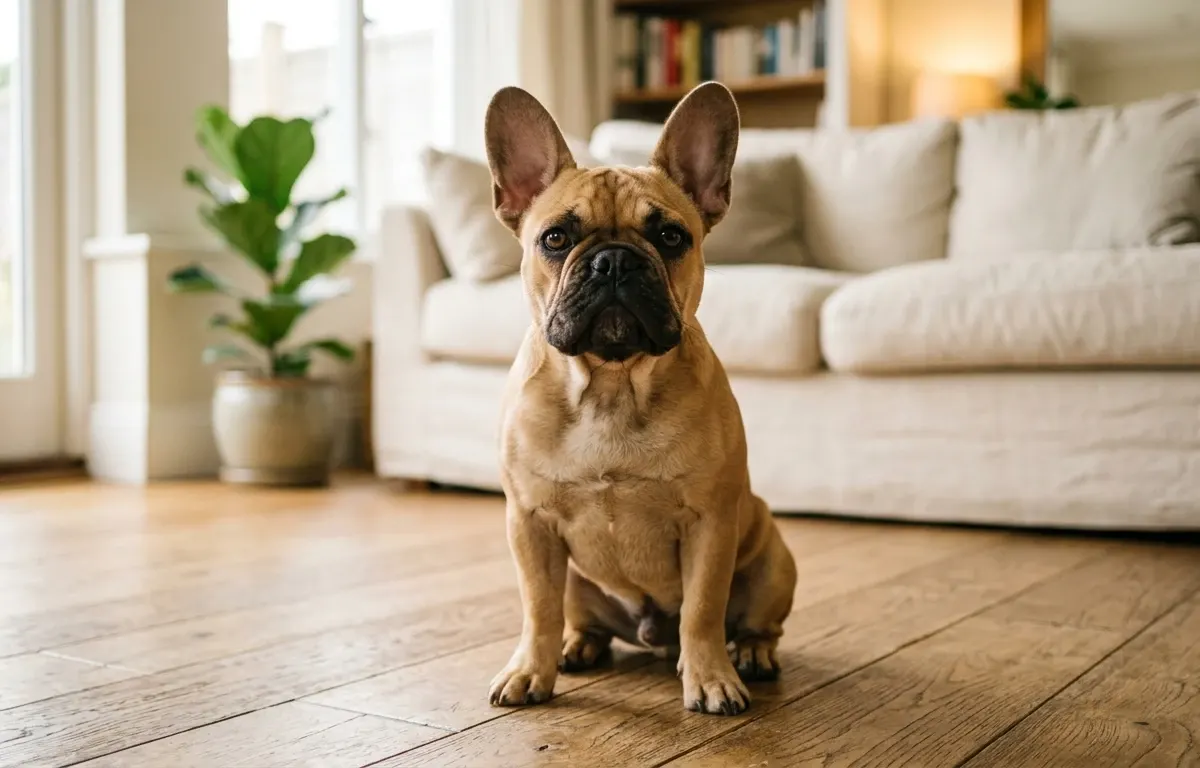 Fawn French Bulldog dog breed sitting on a sunlit wooden floor showing erect bat ears and compact frame