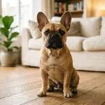 Fawn French Bulldog dog breed sitting on a sunlit wooden floor showing erect bat ears and compact frame